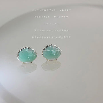 Silver Mint Green Enamel Shell Stud Earrings Scallop