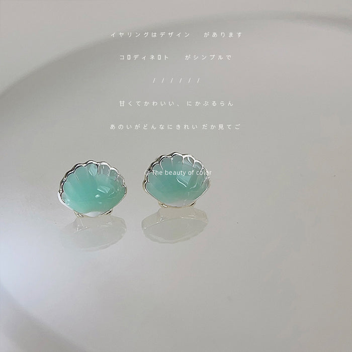 Silver Mint Green Enamel Shell Stud Earrings Scallop