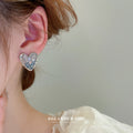 Silver Tone Heart Stud Earrings with Faceted Centers view 3