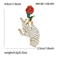 Rhinestone Hand Holding Red Rose Brooch Gold Metal Pin view 4