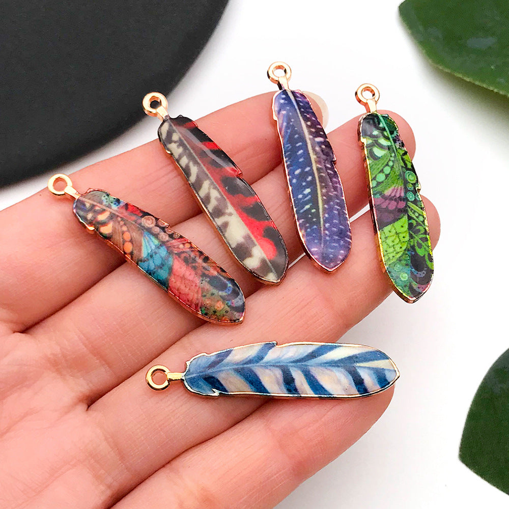 Printed Enamel Zinc Alloy Color Feather Charm Pendant for DIY Earring Keychain Jewelry
