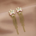 Pastel Pink Lion Dance Gold Tone Long Chain Tassel Earrings view 2