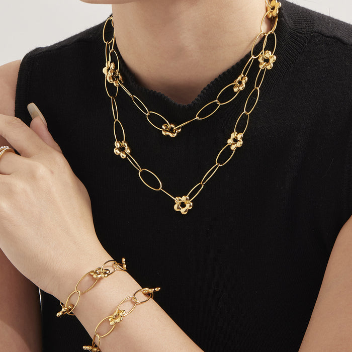 Flower Oval Link Necklace Bracelet Gold Silver Two-Tone Steel