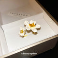 Gold Tone Open Ring With Two White Flowers And Yellow Square Crystal view 4