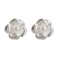 Silver Camellia Flower Pearl Center Stud Earrings Pair view 5