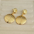Ridged Double Round Disc Drop Earrings in Gold Tone view 3