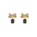 Gold Tone Textured Bow And Black Rectangular Stone Drop Earrings view 5