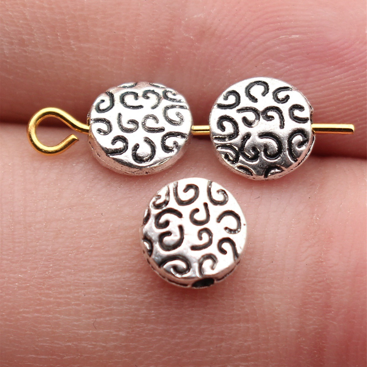 7.2x7.1x3mm 0.5g Antique Silver Zinc Alloy Engraved Round Loose Metal Beads for Bracelet Jewelry Making