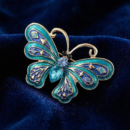 Blue and Teal Enamel Butterfly Brooch with Crystal Body front view on a white background