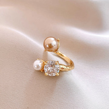 Open Dual Pearl Clear Crystal Rings Silver and Gold