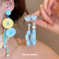 Blue Flower and Button Drop Earrings in Two Playful Styles view 2