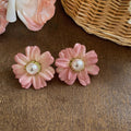 Fabric Daisy and Pearl Stud Earrings in Seven Colors view 6