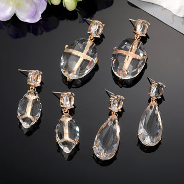 Gold Tone Clear Faceted Crystal Statement Drop Earrings