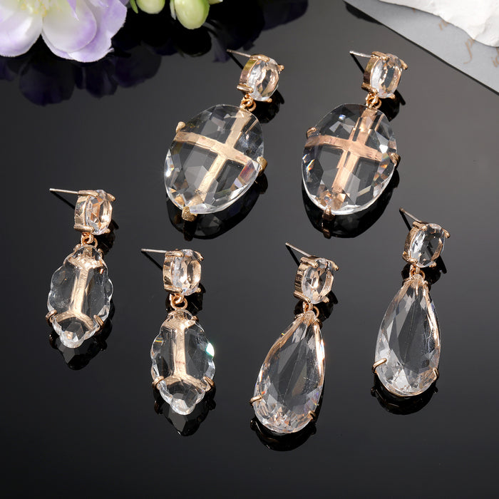 Gold Tone Clear Faceted Crystal Statement Drop Earrings