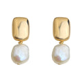 Gold Tone Rectangular Stud And Irregular White Pearl Drop Earrings view 5