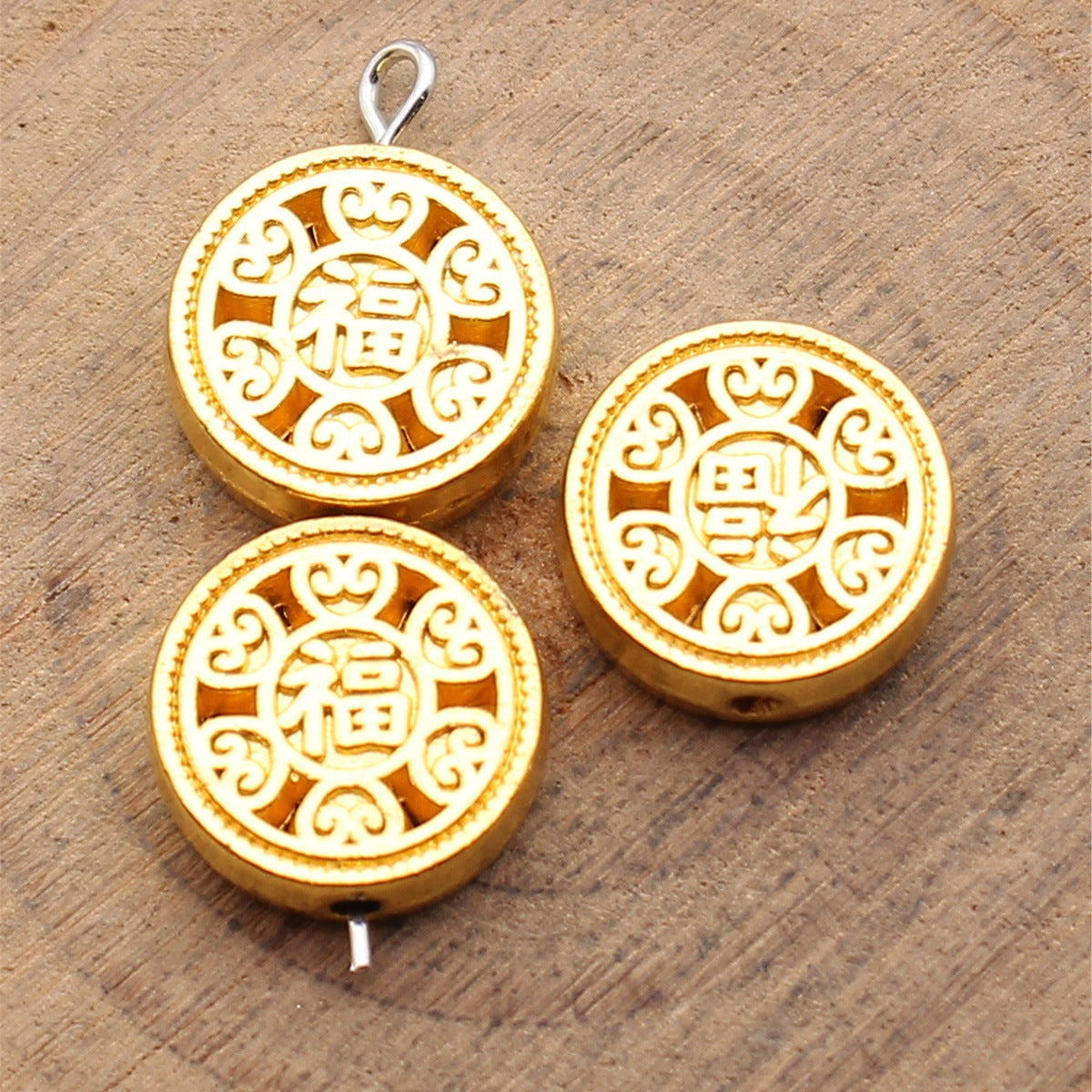 13x13x3.9mm 2.8g Multicolor Zinc Alloy Double-Sided Fu Character Round Flat Small Hole Beads for Jewelry