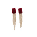 Burgundy Velvet Square Stud Earrings With Crystal Tassels view 5