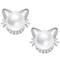 Cat Ear Faux Pearl Stud Earrings Silver Gold Tone CZ Accents view 1