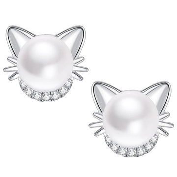 Cat Ear Faux Pearl Stud Earrings Silver Gold Tone CZ Accents