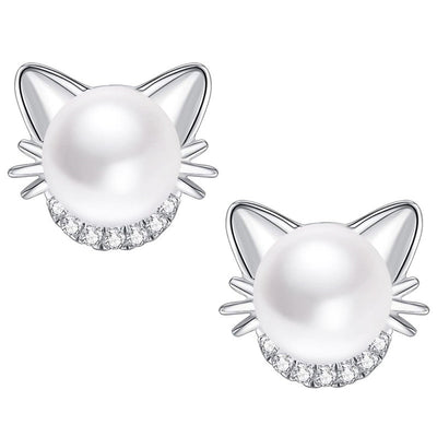 Silver tone cat ear faux pearl stud earrings pair on white background