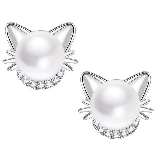 Silver tone cat ear faux pearl stud earrings pair on white background