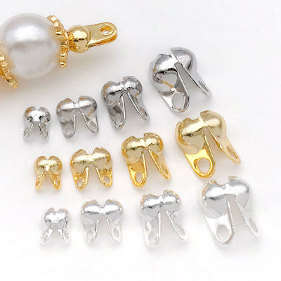 Front overview of double hole ball chain end clamps in four sizes arranged by finish and size