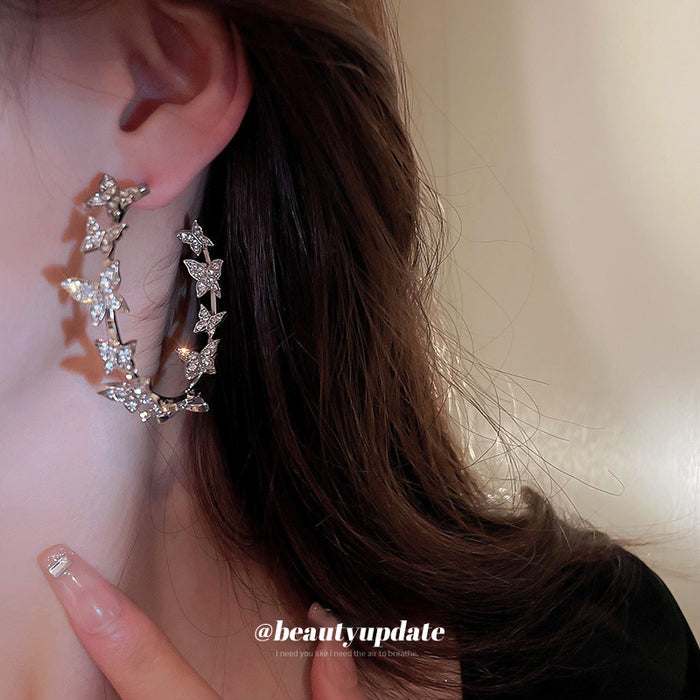 Crystal Butterfly Vine Hoop Earrings Four Colors Polished Metal Jewelry