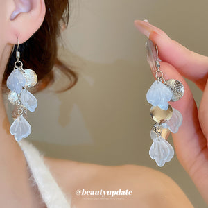 Blue and Silver Petal Sequin Hook Earrings with Reflective Details