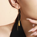 Gold Tone Teardrop Threader Drop Earrings Long Chain Tassel Pair view 4