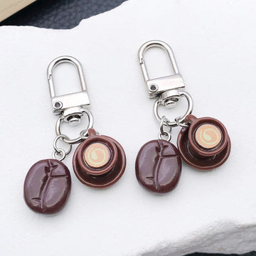 Brown Coffee Bean and Cup Clasp Keychains with Metal Hardware