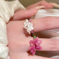 Two Resin Flower Beaded Rings In Pink Green And White view 4
