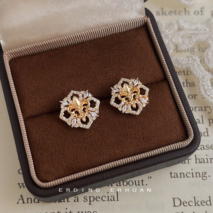 Gold Tone Fleur De Lis And Clear Stone Octagon Halo Stud Earrings