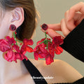 Fabric Rose Cluster Drop Earrings in Pink and Burgundy view 3