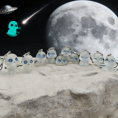 Main product view of glow-in-the-Dark Blue-Eyed Alien Phone Strap Charms in Ten Poses