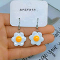 Silver Tone White Flower Shaped Fried Egg Hook Earrings view 1