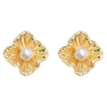 Gold Textured Flower Pearl Center Stud Earrings Pair view 5