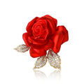 Sculpted Red Rose Brooch With Three Crystal Gold Tone Leaves view 5