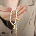White Pearl Necklace Gold Crescent Moon Cube Charm Pendant view 1