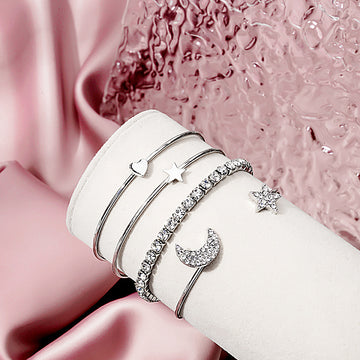 Silver Star Moon Heart Rhinestone Open Bangle Bracelet Set