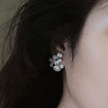 Silver Flower CZ Pearl Drop Stud Earrings Dual Bloom Design view 2