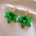 Layered Flower Drop Earrings in Green White and Yellow view 6