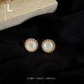 Gold Twisted Rope Round Shell Stud Earrings White Center view 3