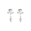 Matte Silver Rose Flower Stud Earrings White Pearl Drop view 5