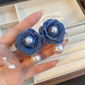 Blue Fabric Rose and Pearl Look Drop Stud Earrings view 2