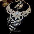 Silver Tone Floral Crystal Necklace Earring Set With Leaf Loops And Fringe view 2
