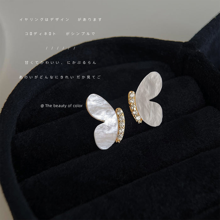 White Mother-Of-Pearl Butterfly Wing Gold Crystal Bar Studs