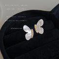 White Mother-Of-Pearl Butterfly Wing Gold Crystal Bar Studs view 1