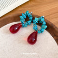 Turquoise Blue Chip Hoop and Deep Red Teardrop Earrings view 3