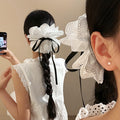 White Eyelet Flower Hair Claw Clips Pearl Black Ribbon view 3