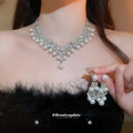 Silver Pearl Crystal Flower Necklace Earring Jewelry Sets view 2